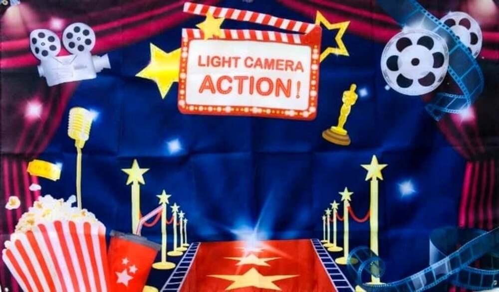 "Lights Camera Action" Party Movie Theater Banner/Backdrop 70x42" with Grommets